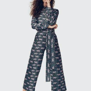 J.CREW COLLECTION  Wide Leg Jungle Tiger 100% Silk Navy Blue Pink Pant 6 $148